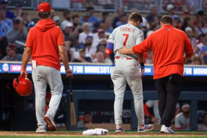Phillies’ Trea Turner avoids injury after fouling a pitch off his leg, but gets Sunday off vs. Twins