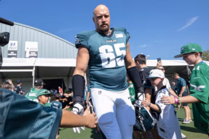 Lane Johnson returned to Eagles practice on Friday. His teammates were grateful to welcome back their ‘cornerstone’